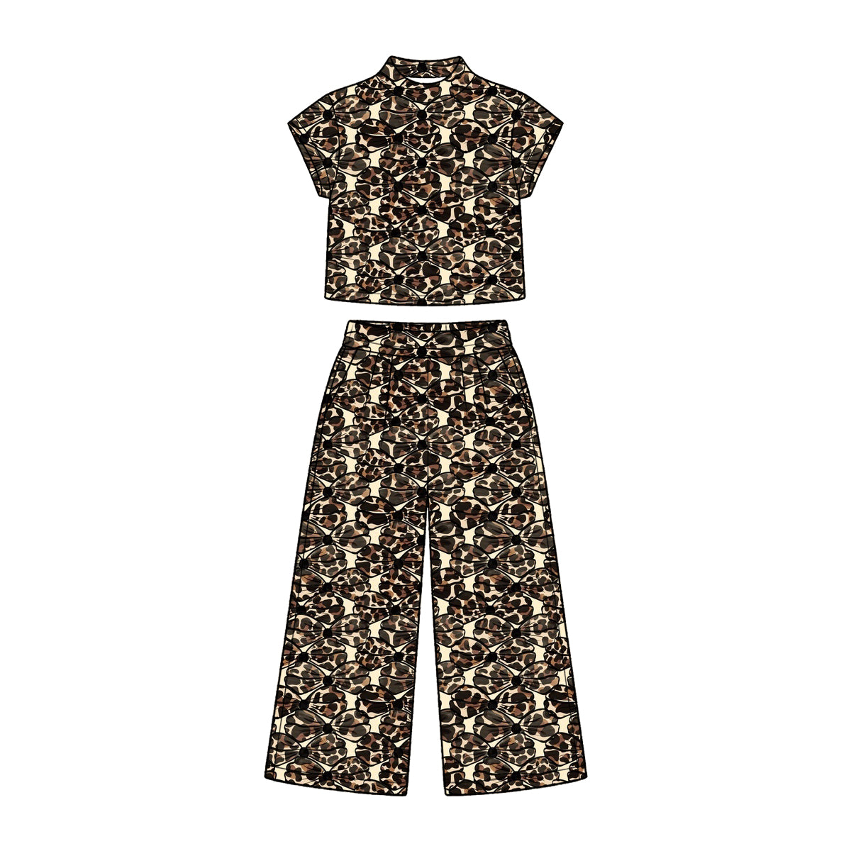 Preorder (moq 5) Baby Girl Clothes Leopard Bow Print Short Sleeve Mock Neck Crop Top Wide Leg Pants Set