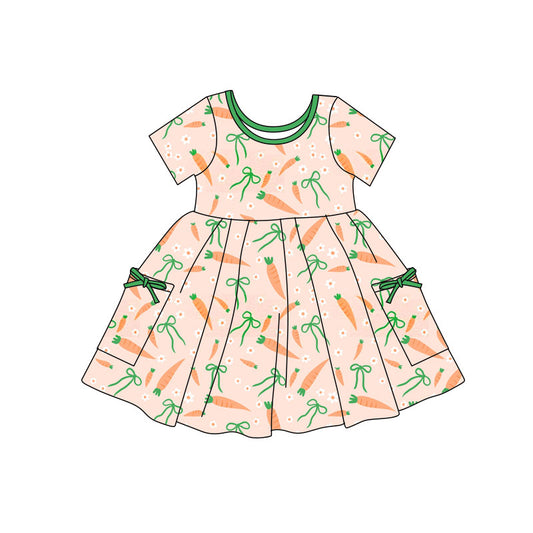 Preorder(moq 5) Baby Girls Carrots Flowers Easter Pockets Knee Length Dresses