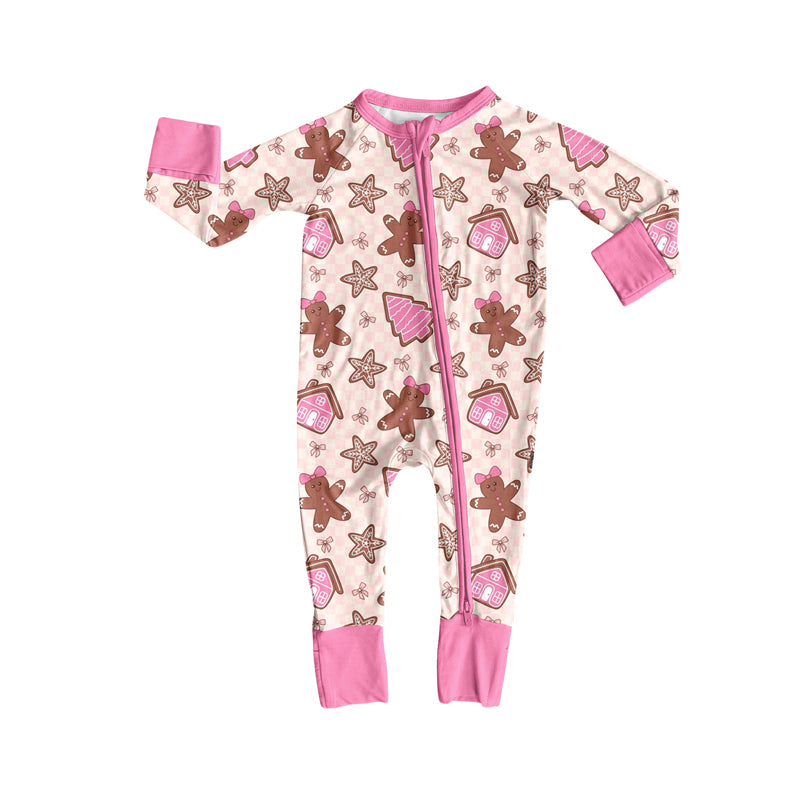 Preorder (moq 5)Baby Girls Long Sleeves Pink Gingerbread Plaid Zipper Pant Romper
