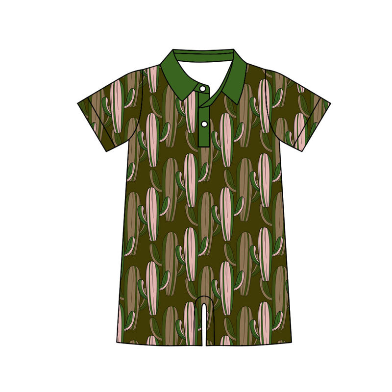 Preorder (moq 5)Baby Boys Green Cactus Button Western Shorts Rompers
