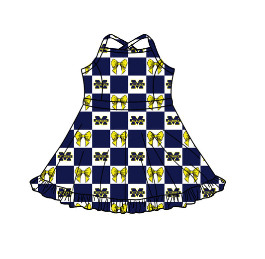 Preorder (moq 5) Baby Girls Strap Bows Michigan Checked Team Short Knee Length Dress