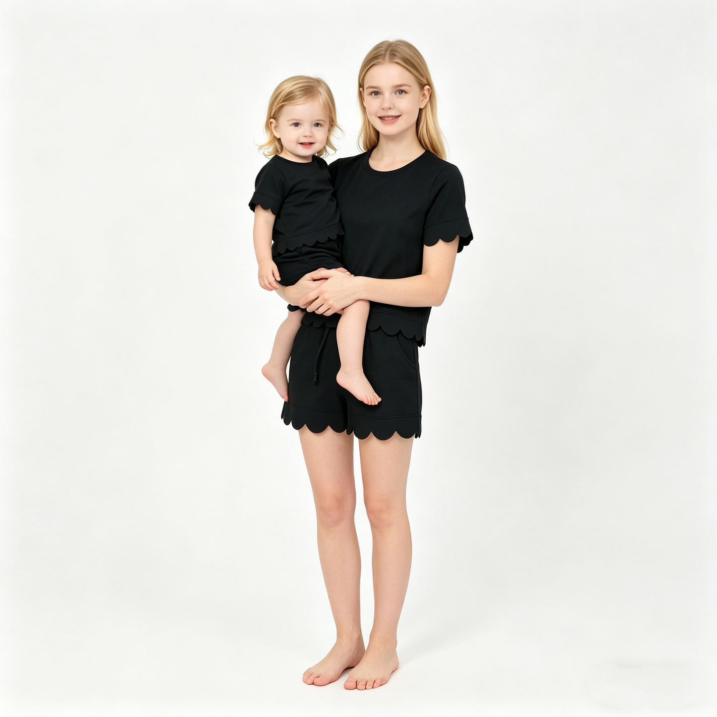 Mama and Me Girls Black Top Pockets Short Scallop Cotton Clothes Sets