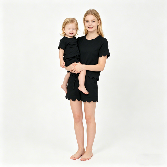 Mama and Me Girls Black Top Pockets Short Scallop Cotton Clothes Sets