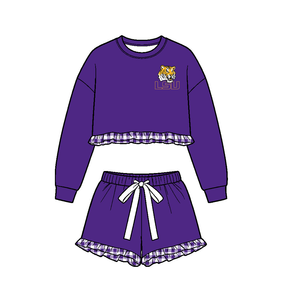Preorder (moq 5) Girls’ Team Purple Round-Neck Long-Sleeve Ruffle Top & Matching Bow-Tie Waist Shorts 2-Piece Set
