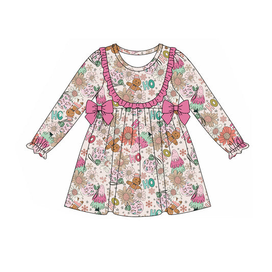 Preorder (moq 5)Baby Girls Long Sleeves Pink Flowers Gingerbread Bows Knee Length Dresses