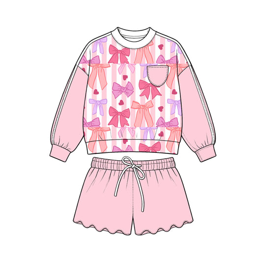 Preorder (moq 5) Girls’ All-Over Bow Print Cropped Sweatshirt & Wavy Ruffle Shorts 2-Piece Sweet Pink Set