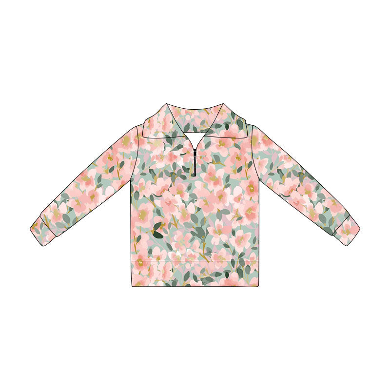 Preorder(moq 5) Baby Girls Long Sleeve Peach Floral Zipper Pullovers Top