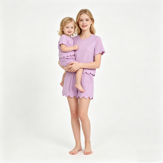 Mama and Me Girls Pink Top Pockets Short Scallop Cotton Clothes Sets