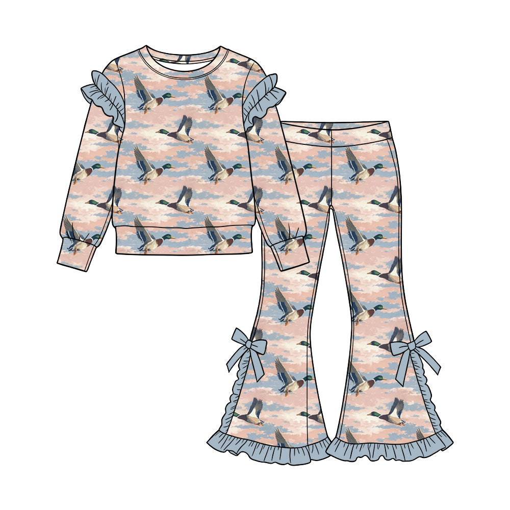 Preorder (moq 5) Baby Girl Clothes Sky Pastel Mallard Duck Print Long Sleeve Ruffle Top Flare Pant Set