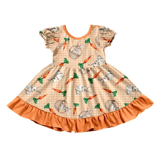 Preorder (moq 5) Baby Girl Clothes Easter Bunny Carrot Basket Gingham Mixed Print Short Sleeve Ruffle Twirl Dress