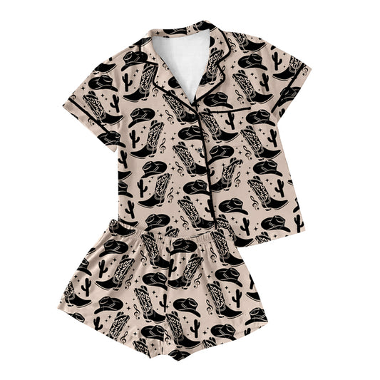 Preorder(moq 5)Adult Women Black Boots Hats Buttons Pocket Tee Shirts Shorts Pajamas Sets