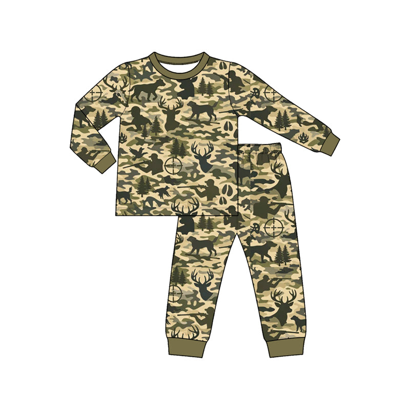 Preorder (moq5) Baby Boy Clothes Green Camo Hunting Wildlife Print Long Sleeve Jogger Pajama Set