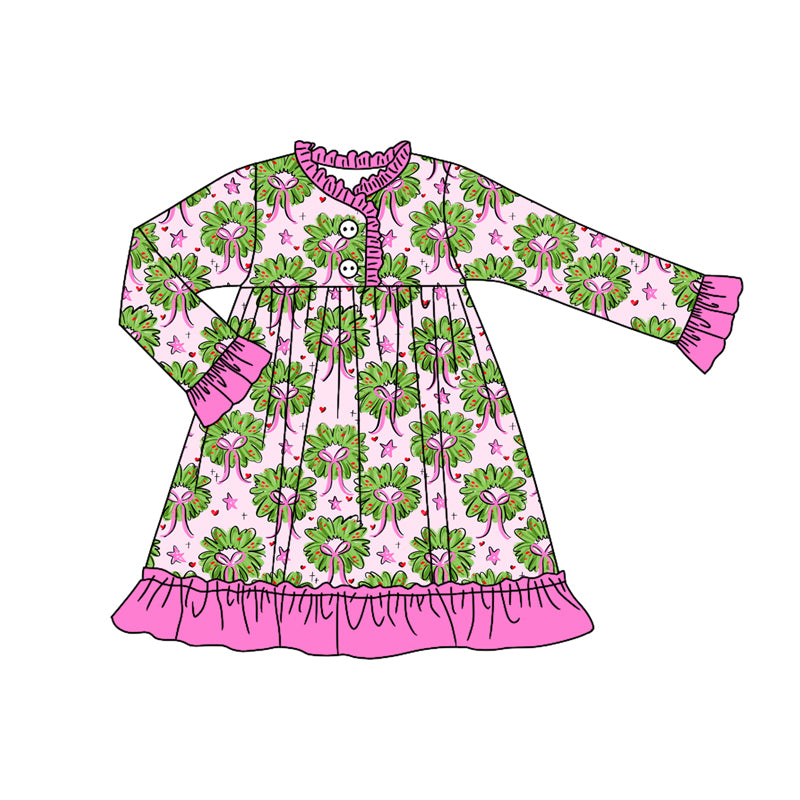 Preorder(moq 5) Baby Girls Long Ruffle Sleeves Holly Bows Plaid Button Knee Length Dresses