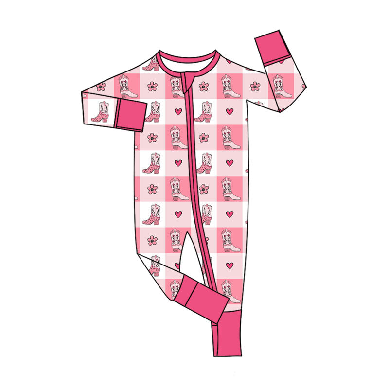 Preorder (moq 5)Baby Girls Howdy Boots Hearts Checked Western Zipper Footie Rompers