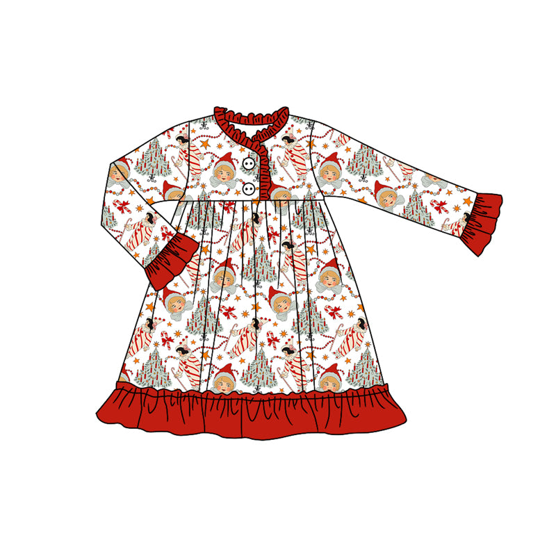 Preorder (moq 5)Baby Girls Long Ruffle Sleeves Candy Cane Trees Button Knee Length Dresses