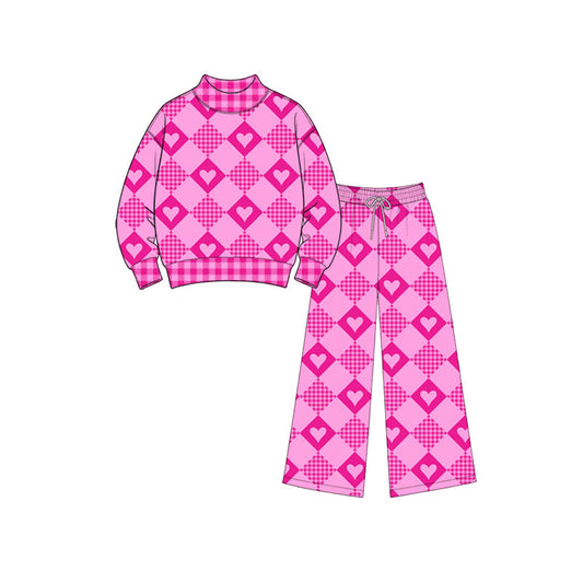 Preorder (moq5) Baby Girls Hearts Checked Choker Top Flare Pants Valentines Clothes Set