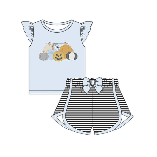 Preorder (moq 5)Baby Girls Light Blue Flutter Sleeves Ghost Pumpkins Top Black Stripe Shorts Set