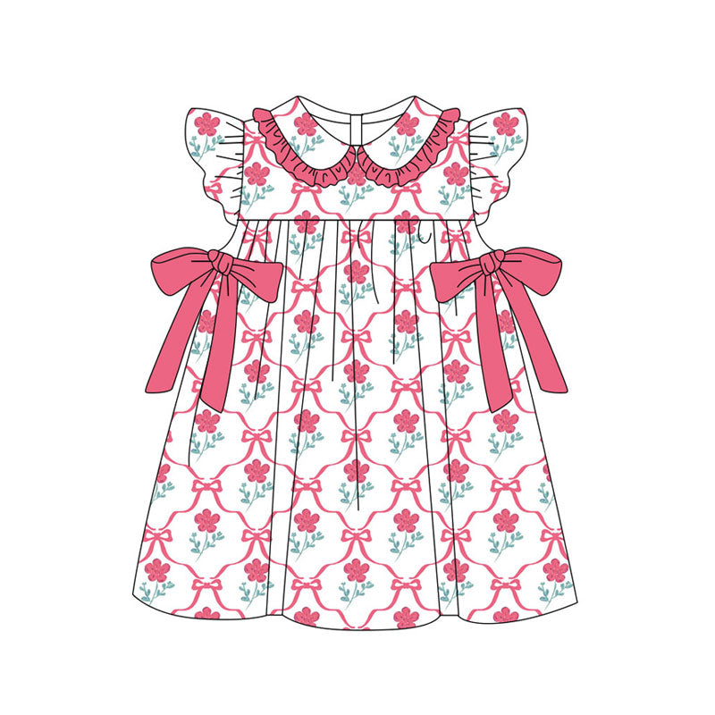Preorder(moq 5) Baby Girls Peach Flowers Checked Bows Collar Knee Length Dresses