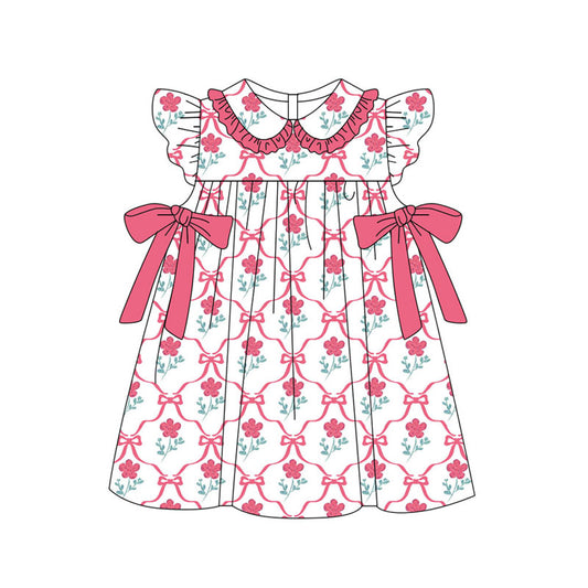 Preorder(moq 5) Baby Girls Peach Flowers Checked Bows Collar Knee Length Dresses