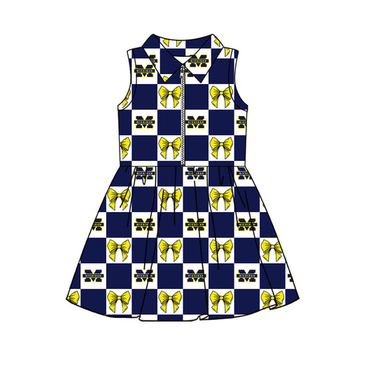 Preorder (moq 5) Baby Girls Sleeveless Bows Michigan Checked Team Zip Knee Length Dress