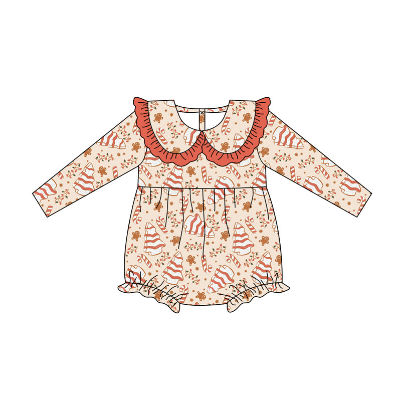 Preorder (moq 5)Baby Girls Long Sleeves Candy Cane Trees Lights Ruffle Romper