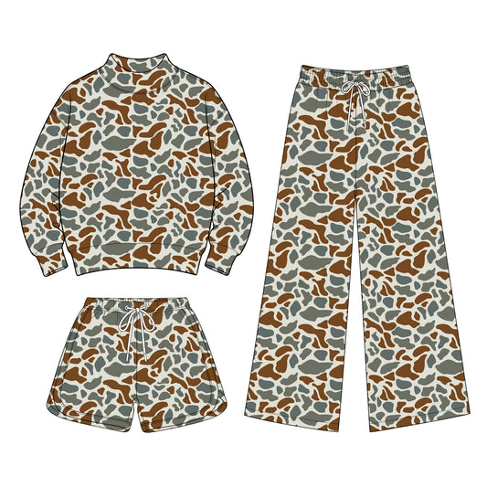 Preorder (moq 5) Baby Girls Camo Shirt Shorts Flare Pants Three Pieces Clothes Sets