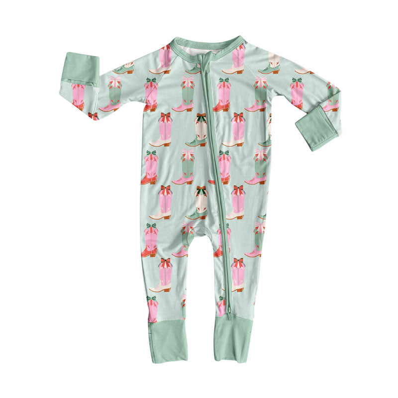 Preorder (moq 8)Baby Girls Pink Green Bows Boots Western Zipper Footie Rompers