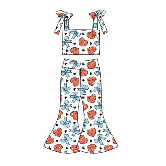 Preorder (moq 5)Baby Girls Bows Hearts Straps Top Bell Pants Clothes Sets