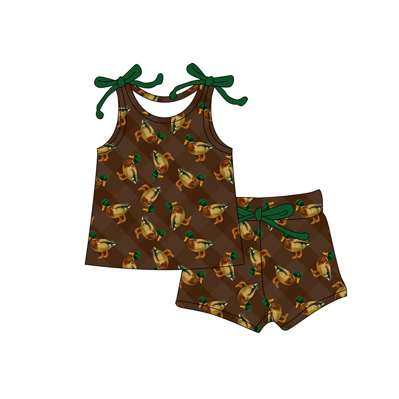 Preorder (moq 5)Baby Girls Brown Checked Ducks Vests Top Shorts Hunting Clothes Sets