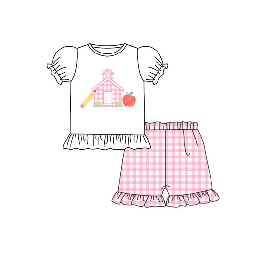 Preorder (moq 5)Baby Girls Pencil Apples Top Ruffle Checked Short Back to School Sets