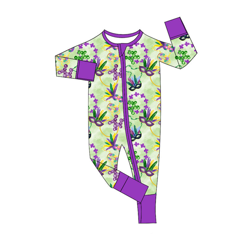 Preorder (moq 5)Baby Boys Bows Anchors Masks Mardigras Zipper Footie Rompers