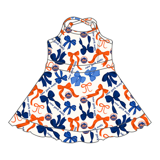 Preorder (moq 5)Baby Girls Blue Orange Bows Plaid New York Mets Short Ruffle Team Knee Length Dresses