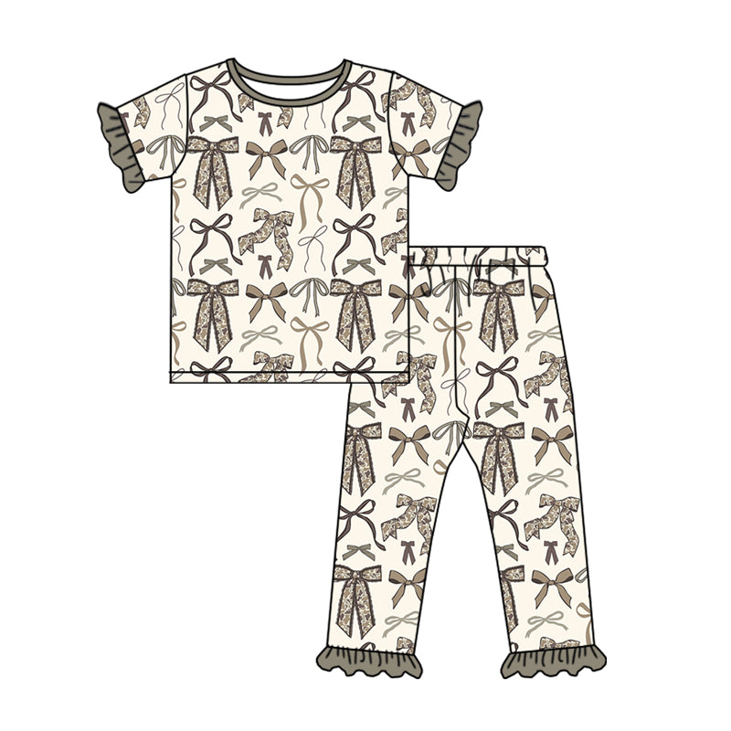 Preorder (moq 5)Baby Girls Short Sleeve Grey Camo Bows Top Ruffle Pant Pajamas Sets