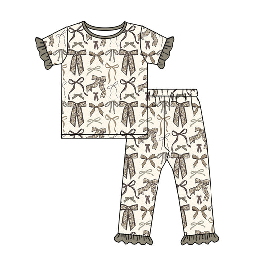 Preorder (moq 5)Baby Girls Short Sleeve Grey Camo Bows Top Ruffle Pant Pajamas Sets
