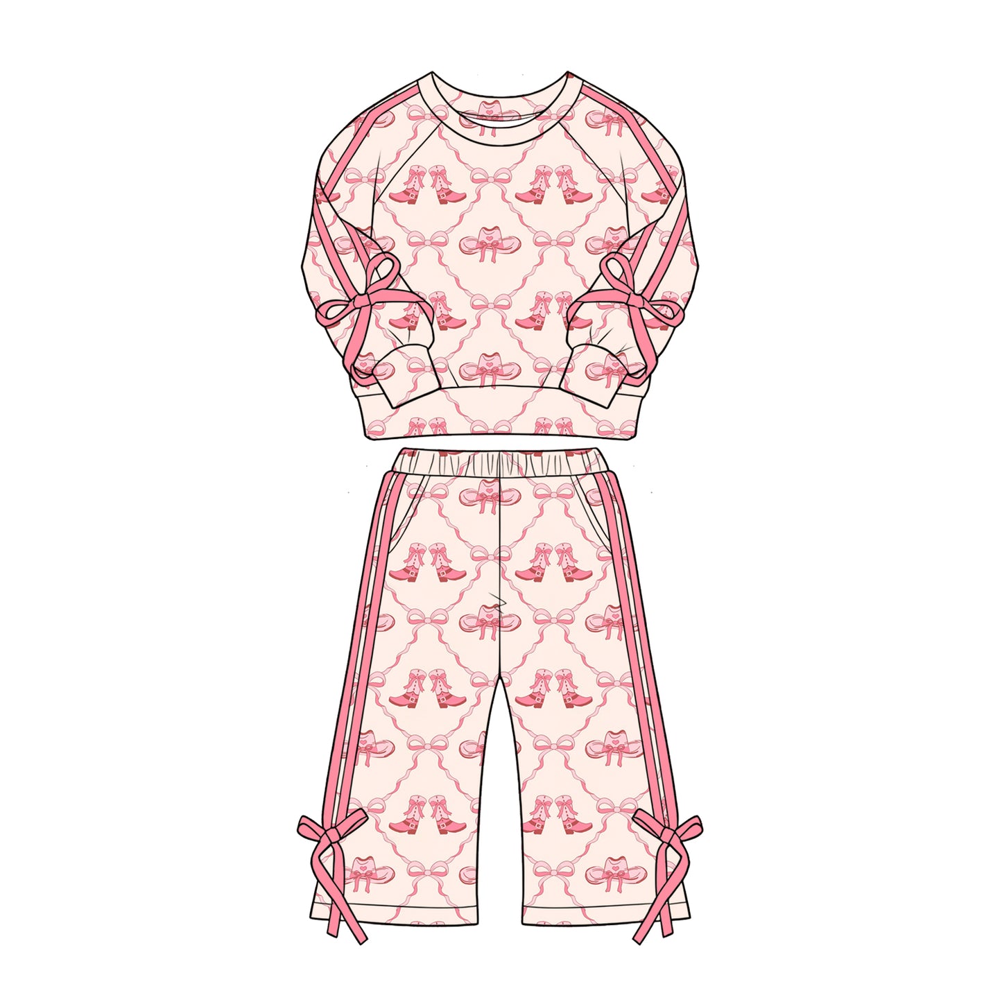 Pre-order(moq5) Girls Clothes High-Quality Cute Print Long Sleeve Raglan Sweatshirt Wide Leg Pants Bow Side Stripe Outfit