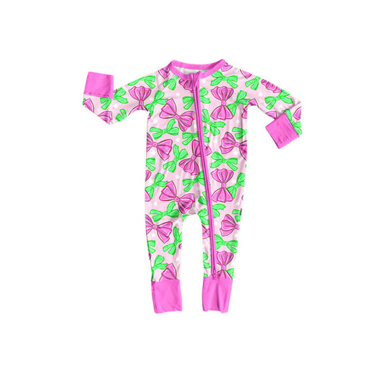 Preorder(moq 8)Baby Girls Pink Green Bows Plaid Zipper Footie Rompers