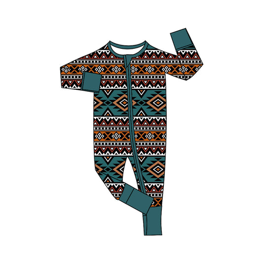 Preorder (moq 20)Baby Boys Bamboo Aztec Western Two Way Zip Convertible Rompers