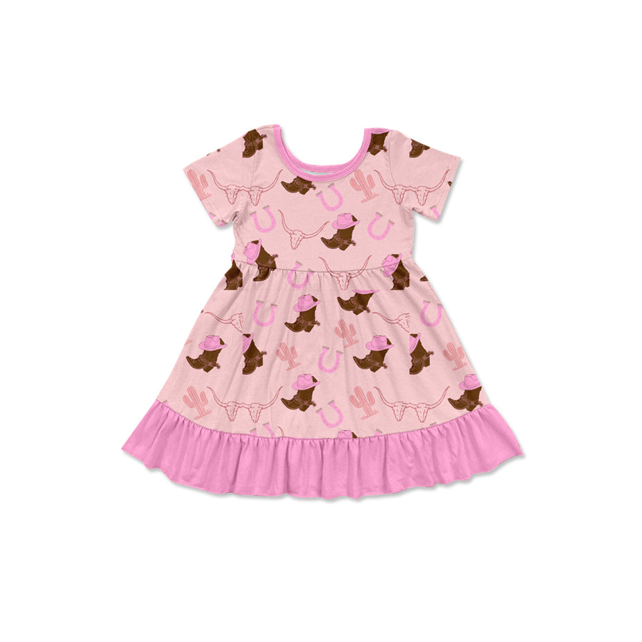Preorder (moq 5)Baby Girls Hat Boots Bull Skulls Western Ruffle Knee Length Dresses