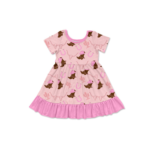 Preorder (moq 5)Baby Girls Hat Boots Bull Skulls Western Ruffle Knee Length Dresses