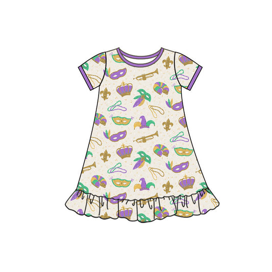 Preorder(moq 5) Baby Girls Mardigras Short Sleeve Anchors Masks Ruffle Knee Length Dresses