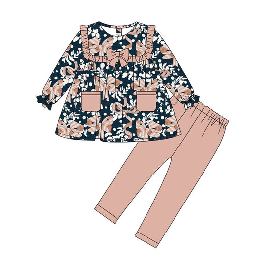 Preorder(moq 8)Baby Girls Floral Bows Pockets Tunic Leggings Clothes Sets