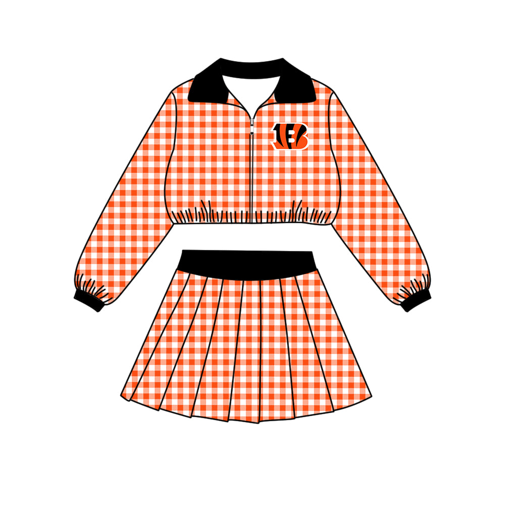 Preorder (moq 5)Baby Girls Orange Checked Bengals Zip Pullovers Skirt Short Team Clothes Set
