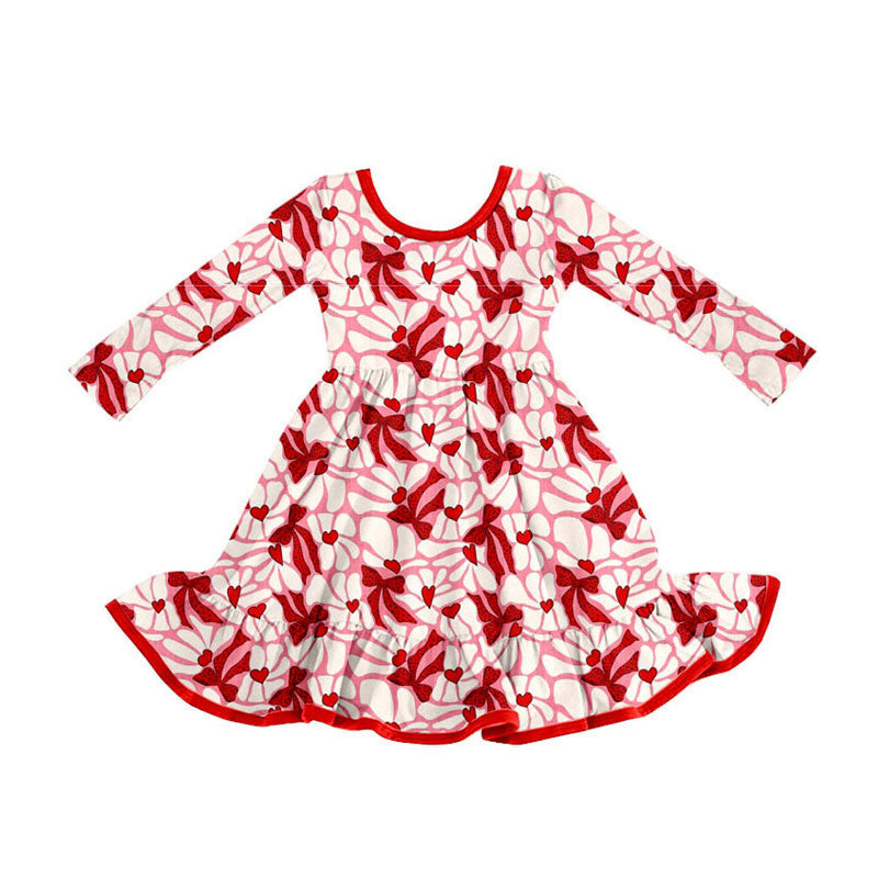 Preorder(moq 8)Baby Girls Long Sleeve Red Bows Hearts Valentine Ruffle Knee Length Dresses