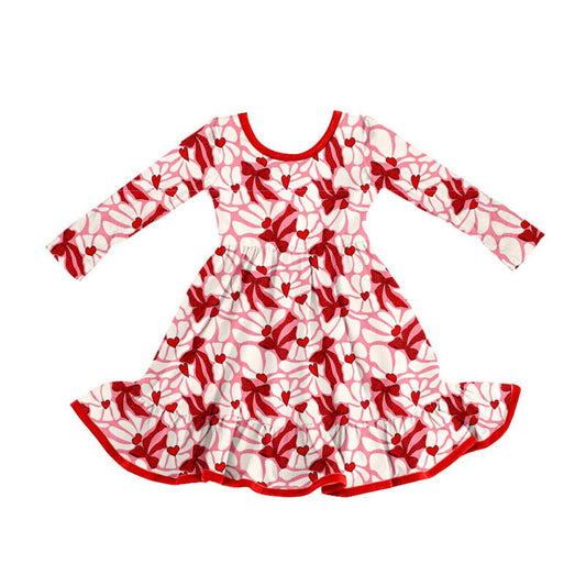 Preorder(moq 8)Baby Girls Long Sleeve Red Bows Hearts Valentine Ruffle Knee Length Dresses
