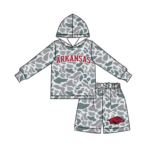 Preorder (moq 5) Baby Boys Grey Camo Arkansas Hoodie Short Team Clothes Sets
