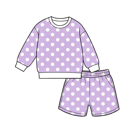 Preorder (moq 5)Baby Girls Purple Polka Dots Long Sleeve Top Pockets Short Clothes Set