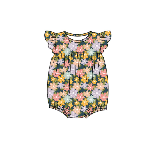 Preorder (moq 5)Baby Girls Flutter Sleeve Colorful Flowers Ruffle Rompers