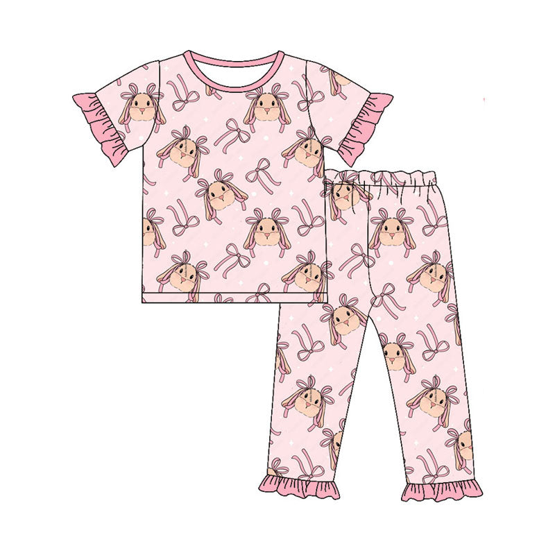 Preorder (moq 5)Baby Girls Pink Bows Rabbits Top Ruffle Pants Easter Pajamas Sets
