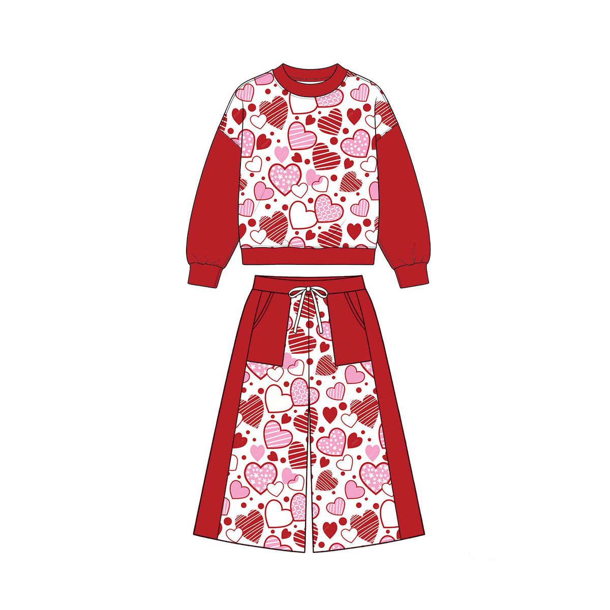 Pre-order(moq5) Girls’ Fall Burgundy Heart Print Crew Neck Long Sleeve Bow Top & Wide-Leg Pants Set | Sisters’ Matching Outfits