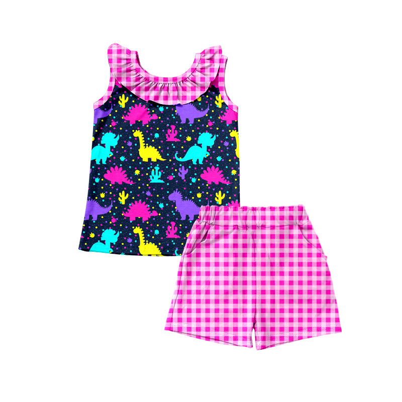 Preorder (moq 5)Baby Girls Colorful Dinosaurs Tops Checkered Shorts Clothes Sets